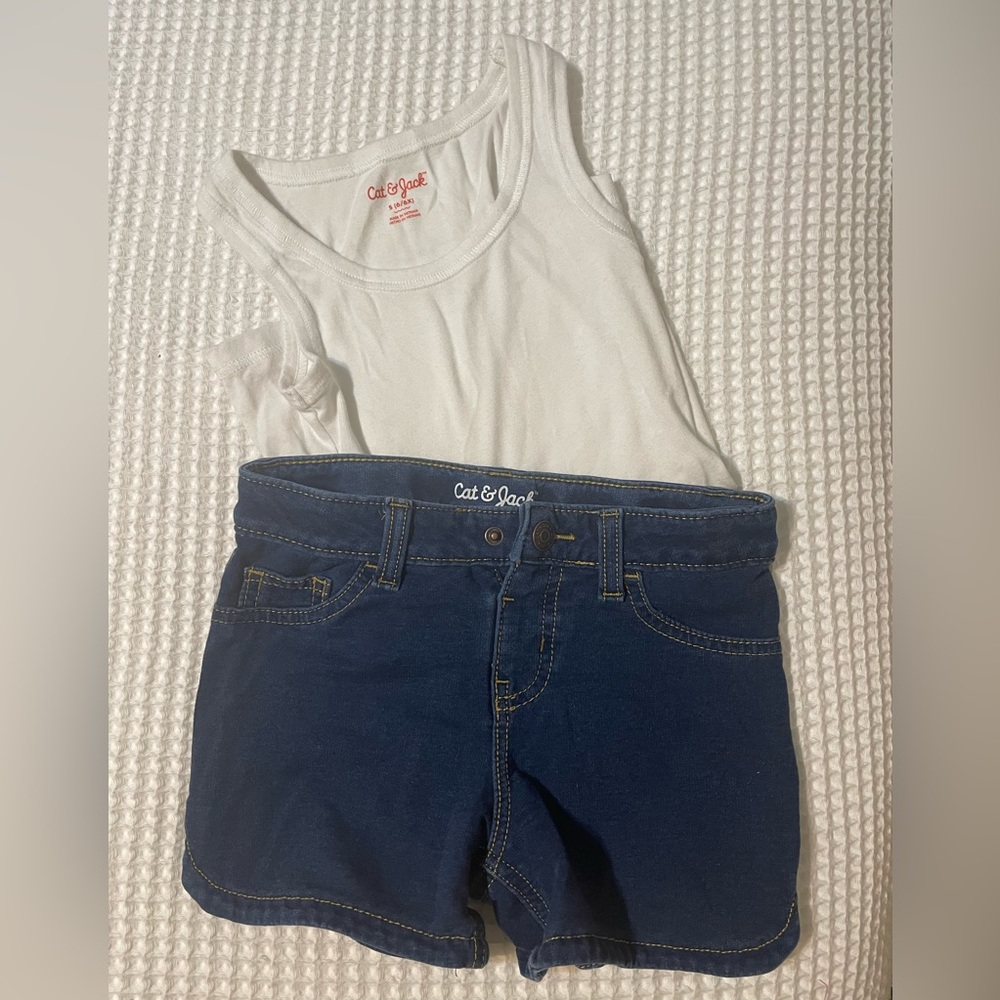 Cat & Jack Girl’s Blue Denim Shorts and White Tank Top